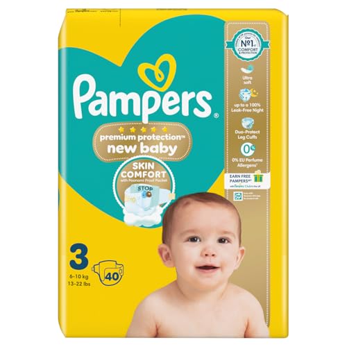 Pampers Premium Protection Baby Größe 3, 40 Windeln 6kg-10kg, Essential Pack, Doppelschutz für Haut und gegen Auslaufen