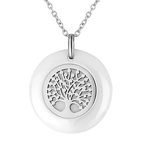 Flongo Collier Pendentif pour Femme Arbre de Vie Creux Céramique Exquis Acier Inoxydable Argent Cadeaux pour Nouvel an Noël