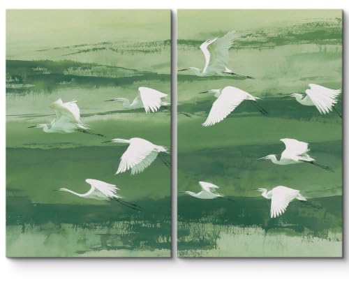 SIGNLEADER Canvas Print Wall Art Set Green Flying White Egrets Bird Illustrations Minimal Decorative for Living Room, Bedroom, Office - 24"x36" x 2