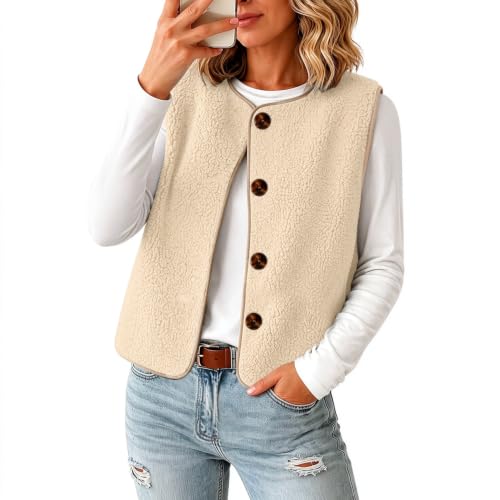 Womens Sherpa Fleece Vest Button Front Crew Neck Trim Casual Fall Layering