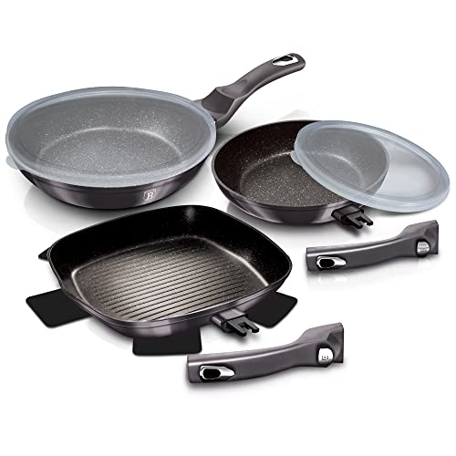5Pc Non Stick Aluminum Frying Pan Set with Grill Induction Detachable Handles (Carbon Black)