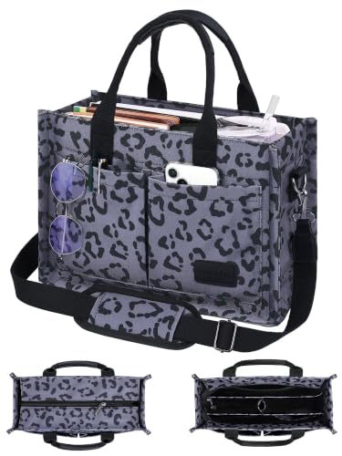 FIORETTO Canvas Tote Bag for Women with Zipper Closure & Individual Compartments for Work College for Teacher & Nurse Leopard Gray XL