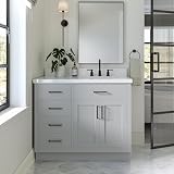 ARIEL Hepburn 43 Inch Single Sink Bathroom Vanity in Gray, 1.5 Edge Quartz Top, Solid Wood, Right Rectangular Sink, 2 Soft Closing Doors, 5 Full Extension Dovetail Drawers, Toe Kick