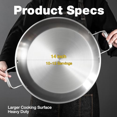 image for Yeksum Tri-Ply Stainless Steel Paella Pan, 14.5 inch Large Skillet,12 