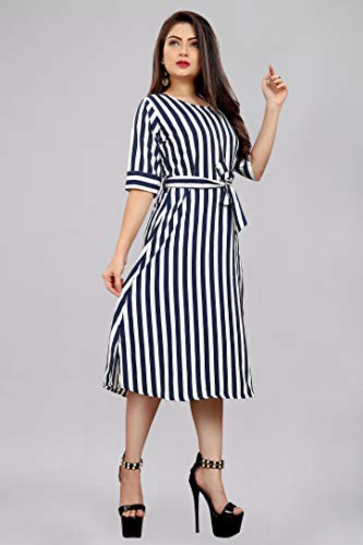 Image of AA Creation Women's Casual Crepe Striped Short Fit and Flare Western Dress (129, S, White Blue Striped One Piece)