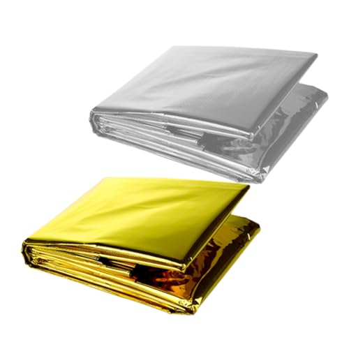 WOONEKY 2pcs Emergency Thermal Blankets Silver Gold Space Blankets for Camping Hiking Outdoor Survival UV Protection Lightweight Heat for Emergency Preparedness