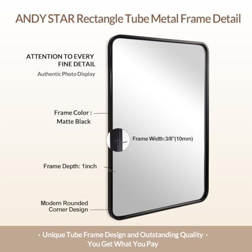 Image of ANDY STAR 24x32 INCH Black Bathroom Mirror, Black Bathroom Vanity Mirrors for Wall, Rounded Rectangle Mirror for Bathroom, Tube Metal Frame, 1'' Deep Wall Mounted Vertical /Horizontal