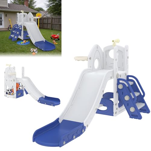 LZQ Toboggan pour enfant, ensemble de toboggan en plastique avec long toboggan et panier de basket, toboggan pour enfants avec espace de rangement et échelle,...