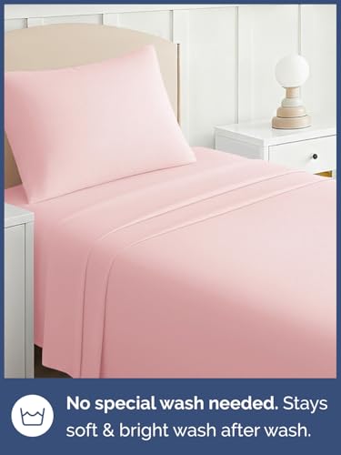 Image of Kids Twin Size Bed Sheet Set - 3 Piece Kids Loft Bed Sheets - Solid Pink Themed Bedding - Soft, Cute and Cozy - Breathable and Machine Washable - Bedding for Boys, Girls, Teens & Toddlers - Oeko-Tex