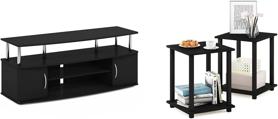 Furinno Entertainment Stand for TV Up to 55 Inch and End Tables (2 Pieces) Set, Americano/Black and Chrome