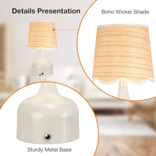 Folux Cordless Boho Table Lamp Beige, Scalloped Wicker Shade, 5200-mAh Rechargeable Battery, 3-Way Dimmable, Build-in Integrated LED 320 Lumen Max, for Bedside Living Room by Folux - Used condition - Image 8