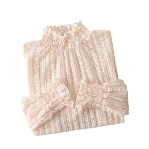 YEKEYI Spitzenoberteil für Damen, langärmelig, Stehkragen, durchsichtige Bluse, florales Spitzenoberteil, beige, XXL