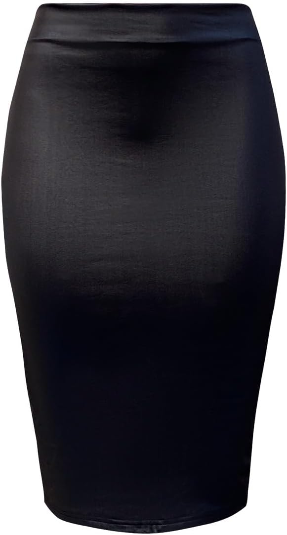 Women's Stretch Satin Pencil Midi Skirt with Double Zipper, High Waist Office Work Business Casual Wear