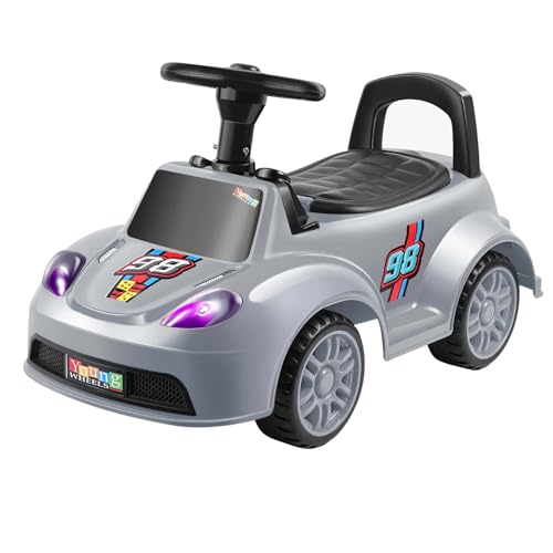 Image of Kids Ride On Car Grey for Toddlers with Steering Wheel & Backrest | Foot to Floor Baby Push Car | Indoor Outdoor | Strong Wheels & Comfortable Seat | Racing Design for Boys & Girls (1-3 Years)