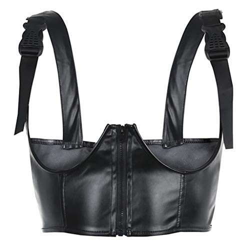 zrshygs Women Harajuku Goth Punk Crop Top Faux Leather Sexy Open Cup Chest Harness Vest Buckle Zipper Suspenders Club Streetwear