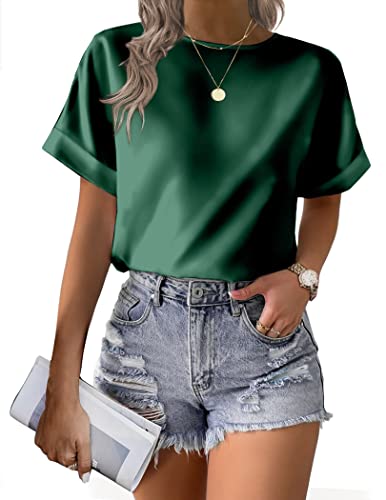 HOTOUCH Women's Short Sleeve Pullover Blouses Satin Silk Shirts Casual Loose Work Tunic Tops3