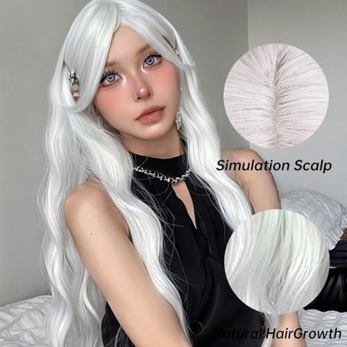 Perruque synthétique longue ondulée blanche pour cosplay et fête d'Halloween