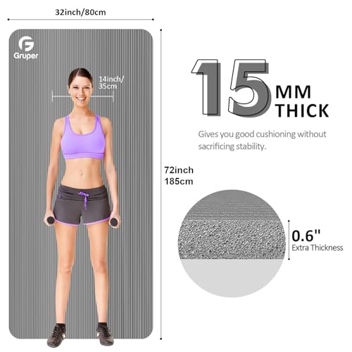 Gruper Thick Yoga Mat Non Slip, Large Size 72" L x 32" W x 0.6" TH, Premium Exercise & Fitness Mat with Carrying Strap and Bag, Workout Mats for Home (Grey, 0.6 * 32 * 72 Inches) by Gruper - Image 2