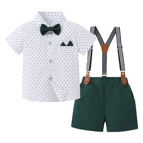 YUEMION Baby Boy Clothes Suits, Toddler Summer Formal Short Shirt+ Bowtie+ Suspender Shorts Gentleman Wedding Outfit(Light Green 2, 12-18 Months)