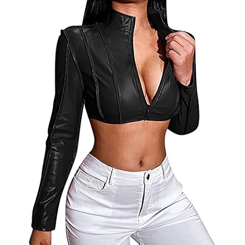 NLAVW Women's Leather Textured Sexy Mid Waist Short Moto Jacket Zip-up Slim PU Biker Coat Party Jacket,Black,S Cover