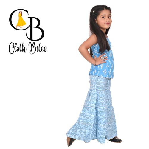 Image of Cotton Block Printed Sleeveless Sharara Set for Kids and Girls (Sky Blue, 6-7 Years)