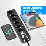 JSVER Listwa Zasilająca z 6 Gniazdami i 5 Indywidualnymi Przełącznikami, Wiele Gniazd z 4 Portami USB (2 USB A + 2 USB C), Przedłużacz Elektryczny do Smartfonów, Tabletów-2 m,Czarny