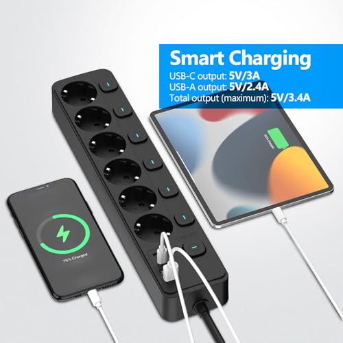 JSVER Multiprise USB avec Interrupteurs individuels,Multiprise avec 6 Prises et 2 USB A,2 USB,Bloc Multiprises (3680W 16A) USB avec Cable 2m pour Smartphone Tablette- Noir – vue 4