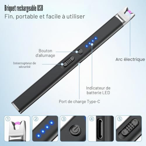 LcFun Briquet électrique à plasma pour bougies, camping, feux d'artifice, cheminée (noir + argent + rose) – vue 3