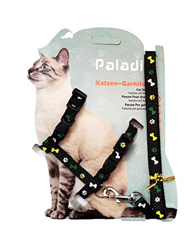 Picckola International (New - Printed, Black) Cat Adjustable Nylon Harness Strap Collar with Leash Set Small Pet Walking