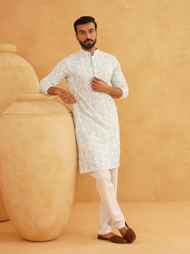Image of SOJANYA (Since 1958 Men's Cotton Gold Sequinned Kurta with White churidaar Pyjama