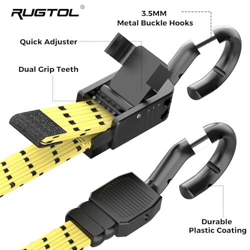 Image of Rugtol Bungee Cords with Hooks, 48 Inch Adjustable Flat Bungee Straps with Quick Release Buckle, Yellow Black Heavy Duty Elastic Cords with Metal Hooks for Bike Rack, Outdoor, Camping, Tarp, 6 Pack