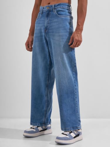 Image of Highlander Men Men's Premium Loose Straight Fit Mid-Rise Cotton Lycra Jeans - Button Closure, Machine Washable, Comfortable All-Day Wear for Casual & Semi-Formal Occasions
