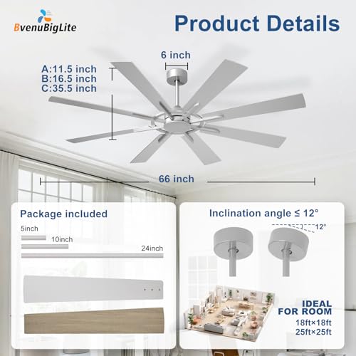 BvenuBigLite Large Ceiling Fan No Light: Modern 66 Inch 8 Blade Outdoor Ceiling Fans with Remote APP Control - Silver Big Fan without Light Indoor Reversible 6 Speed Quiet DC Motor by BvenuBigLite - Used condition - Image 2