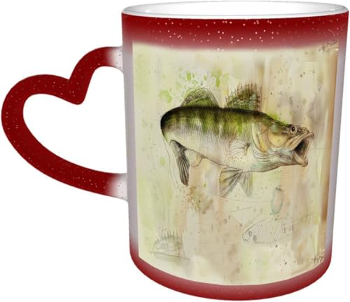 DOHXQM Taza Café cerámica, Taza de café con efecto térmico y cambio de color 330 ml Taza Mágica Regalo interesante,Pintura digital de lucioperca, acuarela de lucioperca sobre papel antiguo