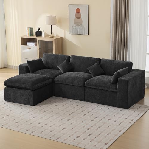 Image of 115''Cloud Boneless Sectional Couch, Modular Sectional Sofa Deep Seat with Ottoman, Oversized Upholstered Convertible Comfy 4 Seater Chenille Sofa L Shape Couches for Living Room, Dark