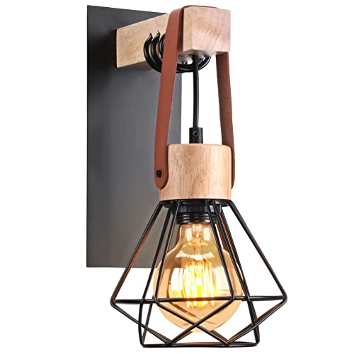 iDEGU Applique Murale Industrielle E27 Suspension Luminaire Vintage en Fer et Bois Rétro Cage Design Noir Ajustable Lampe Murale Interieur pour Salon Chambre Cuisine Couloir (1 Pack)