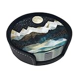 Mountain Sunset Leather Drinks Coasters with Holder Set of 6, Suitable for Kinds of Cups
