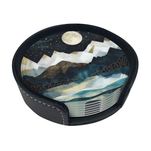 Mountain Sunset Leather Drinks Coasters with Holder Set of 6, Suitable for Kinds of Cups
