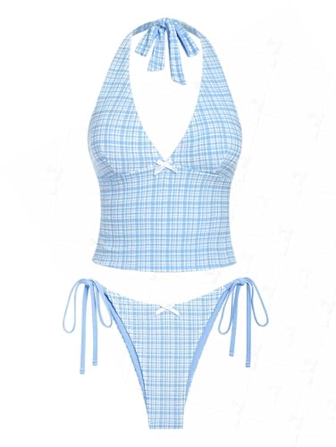 seamoly Gingham Bowknot Decor Halter Tied Chic Tankini Set
