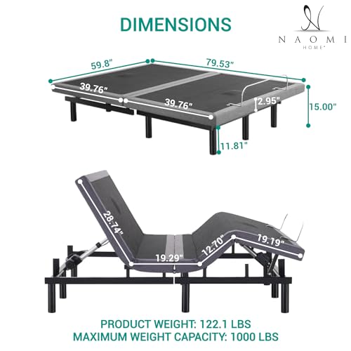 Naomi Home Idealbase Queen Adjustable Bed Frame with Lumbar Support & Head Tilt, Foot Incline, Back & Leg Massage, USB Ports,Wireless Remote, Ergonomic Zero-Gravity Smart Bed