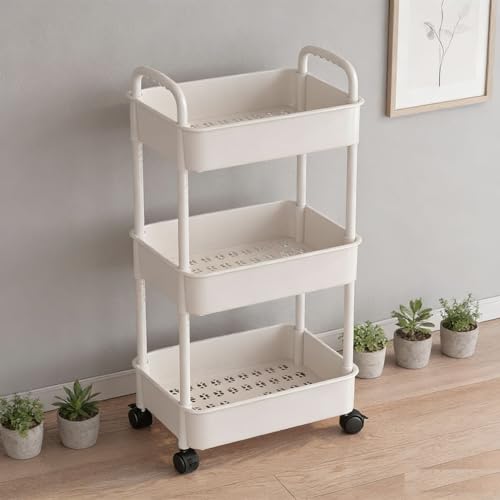 Multibao 3 Tier Storage Trolley Cart on Wheels with Handle Kitchen Bathroom Laundry Narrow Space Rack Space-Saving Mobile Shelving Organizer L35cm x W24cm x H68cm (White) - Image 4