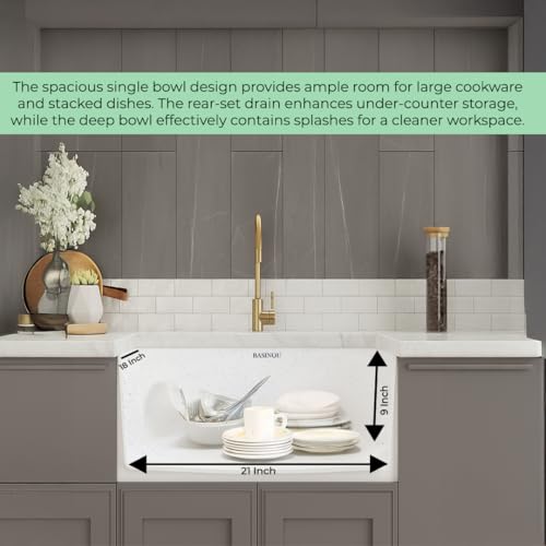 Image of BASINQU Quartz Sink for Kitchen | 21x18x9 Inches Quartz Kitchen Sink Sand-Pluto | Granite Sink For Kitchen Basin UV Protected, Granite Scratch Resistant, Undermount /Topmount Sinks