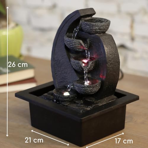 Zen'Light - Zimmerbrunnen Wasserfall V2 4 Ebenen in Natursteinoptik mit farbigem LED-Licht - Moderne Zen Tischdekoration, Ideal für Meditation und Entspannung - H 26 cm