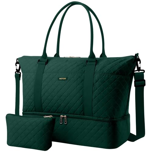 Image of HOTOR Travel Duffel Bag - Weekender Bags for Women, Gym Tote Bags with Shoe Compartment, Carry On Overnight Bag with Toiletry Bag for Travel Essentials Travel Accessories, Dark Green, 15.8"×18.1"×8.7"