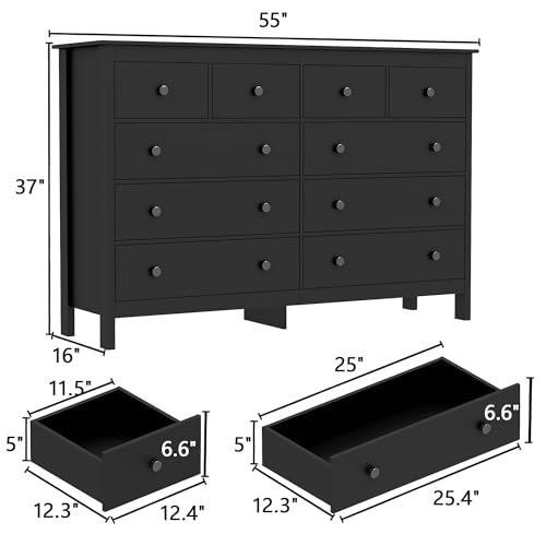 wanan Black 10 Drawer Dresser, 55" Modern Wooden Dressers Chests of Drawer, 10 Drawers Wide Dresser for Bedroom - Thumbnail 2