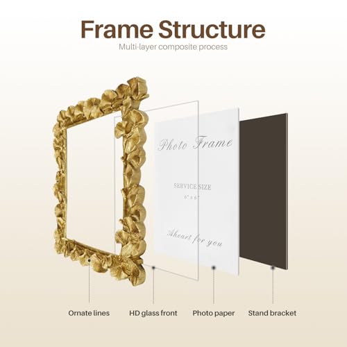 Vintage Picture Frame 6x6 Gold Frames, Gold Ornate Leaf Textured Hand-Crafted Resin with Glass Front Antique Photo Frame for Tabletop Display, Retro Design Home Decor