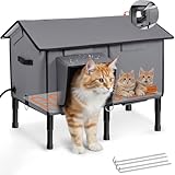 Gimars Upgraded Pitched Roof Indestructible Heated Cat House for Outdoor Cat with Safe Escape Door, 100% Weatherproof Winter Cat Shelter 5.1' Elevated Insulated Stray Feral Cat House with Soft Heater