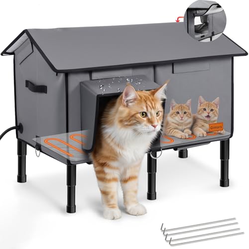 Gimars Upgraded Pitched Roof Indestructible Heated Cat House for Outdoor Cat with Safe Escape Door, 100% Weatherproof Winter Cat Shelter 5.1 Elevated Insulated Stray Feral Cat House with Soft Heater