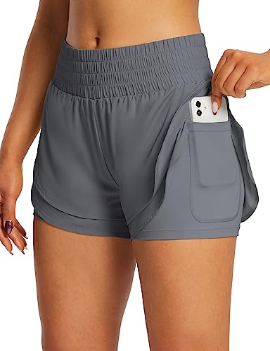 Baleaf Women's 2 In 1 Workout Running Spandex Shorts High Waisted 3" Athletic Shorts Pockets With Liner Dark Grey M #TOP1