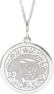 Graverat runt hänge i 925 sterlingsilver med kanin | WW_NLC_02250 | Halsband med 18 tums kabelkedja 24 mm skivhänge 15 mm tjockt polerat djur natursmycke present till